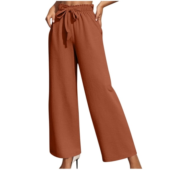 Chbgutlmr Pants for Women Elastic Waist Straight Leg Pants Ruffle Tie Knot Casual Work Trousers Pockets