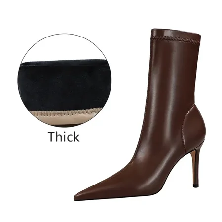 

Fashion Pointed Toe Stiletto Heeled Ankle Boots Thermal Faux Leather Slip On Shoes Women‘s High Heeled Boots