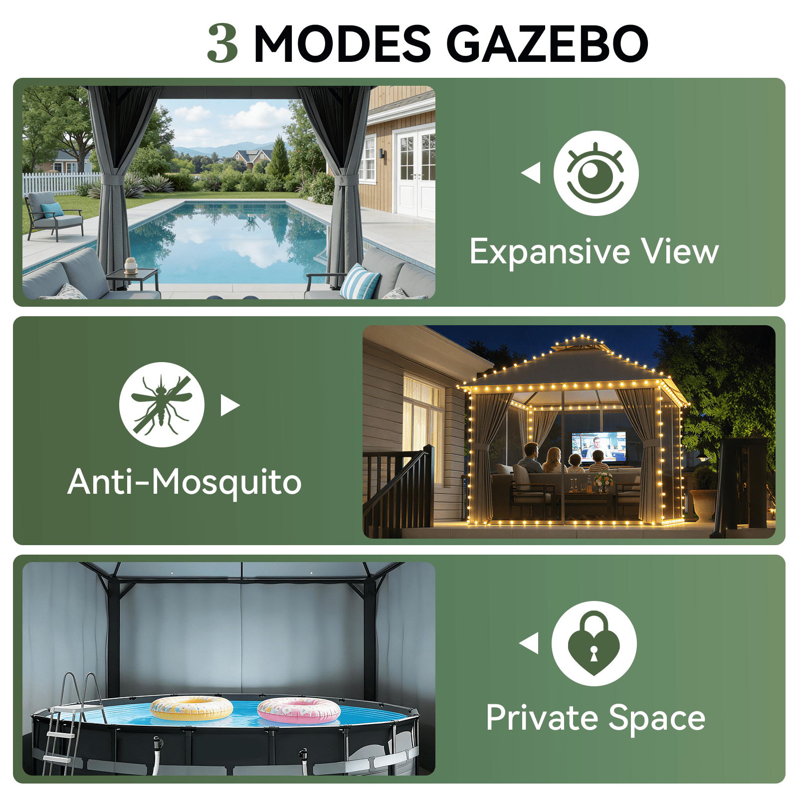 Aoxun 10x10 FT Outdoor Gazebo with Double Roof, Heavy-Duty Metal Frame Canopy featuring Mosquito Net & Privacy Screen for Patio, Garden, Deck and Backyard (Gray)