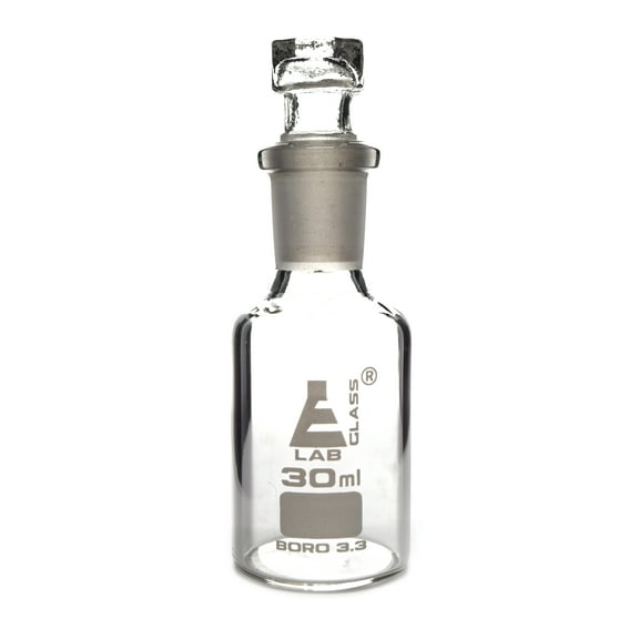 Reagent Bottle, Borosilicate Glass, Narrow Mouth with Interchangeable Hexagonal hollow glass Stopper - 30ml - Eisco Labs
