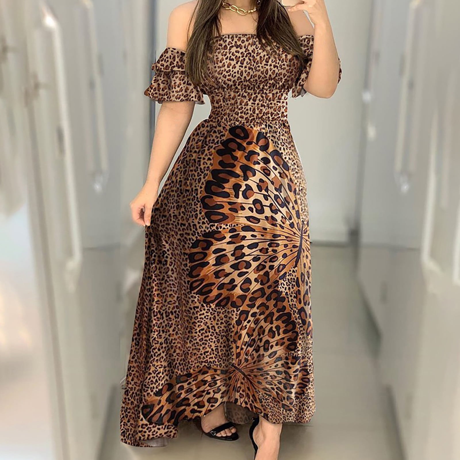 Animal print off the shoulder cheap dresses