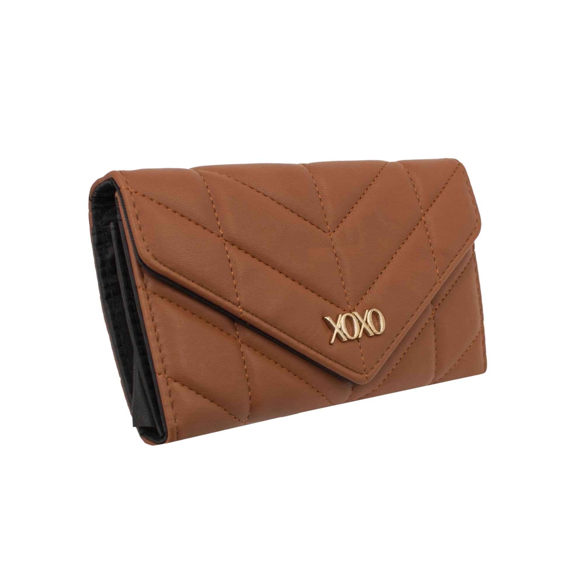 XOXO Women’s Small Cognac Vegan Leather Quilted Fold Wallet withCrossbody Strap
