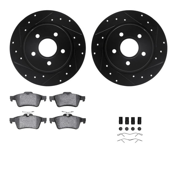 Dynamic Friction Company Rear Brake Rotors-Drilled and Slotted-Black with 5000 Euro Ceramic Brake Pads includes Hardware 8612-54016