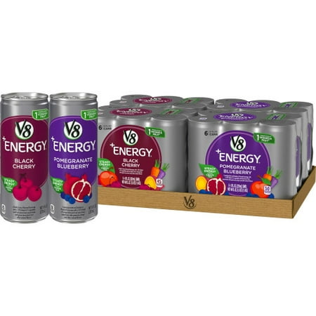 V8 +Energy Variety Pack, Healthy Energy Drink, Black Cherry and Pomegranate Blueberry, 8 Oz Cans (24