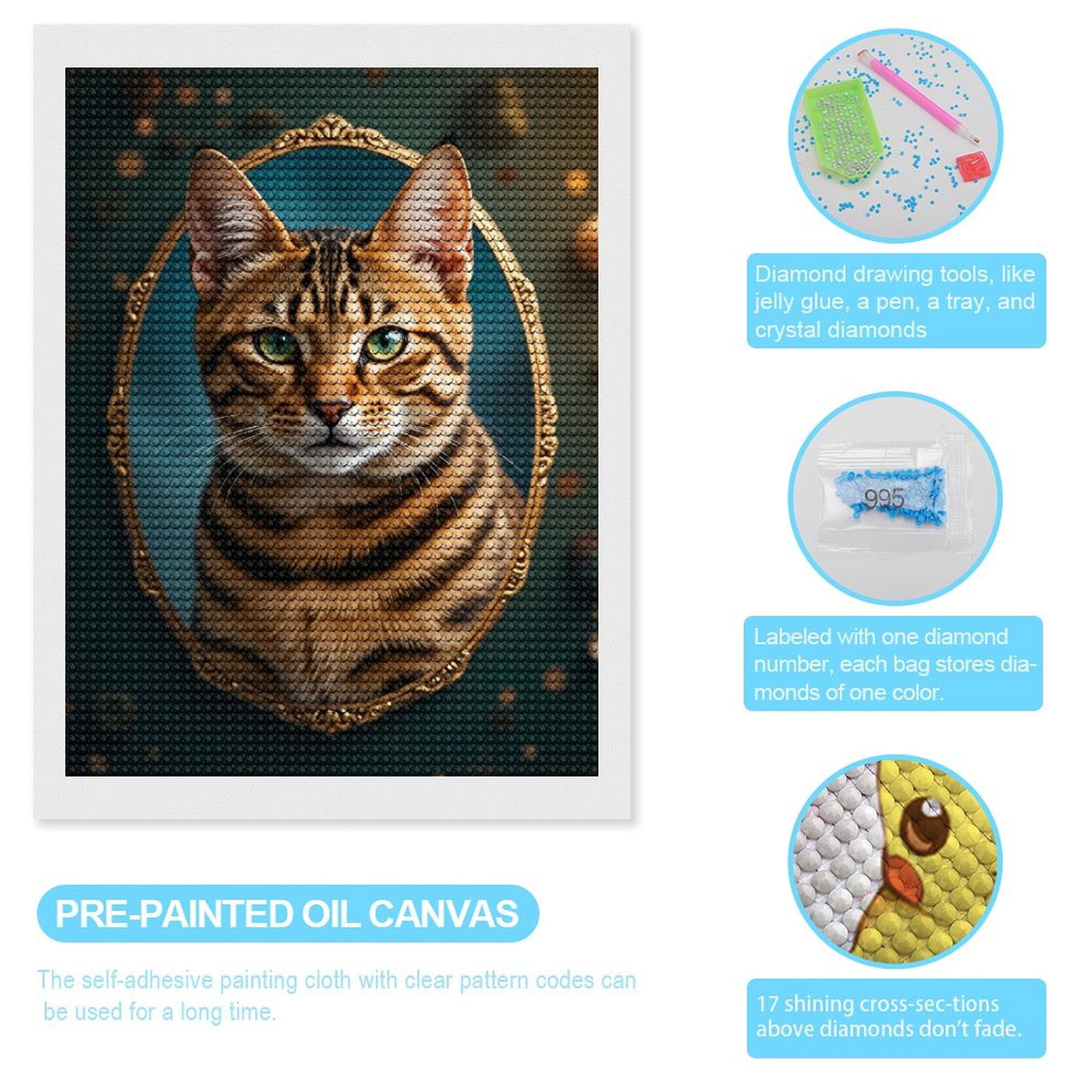 Diamond Art Kits for Adults, Cat Portrait Oval Frame Stripes 5D Diamond Painting Kits for Adults Beginners, DIY Full Drill Diamond Painting, Gem Art and Crafts 12x16