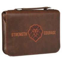 Christian Art Gifts Classic Vegan Leather Bible Cover for Men & Boys: Strength & Courage Encouraging Scripture Verse, Lion Design Sturdy Easy Carry Case Storage, Pockets, Pen Loops, Brown, Medium