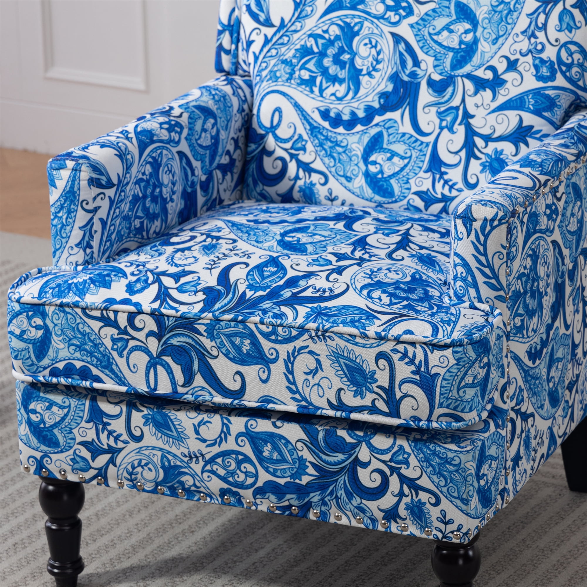 Aukfa Accent Chair Mid-Century Modern High Back Armchair Lounge for Living Room, Rivet Trim, Blue-and-White Porcelain Pattern