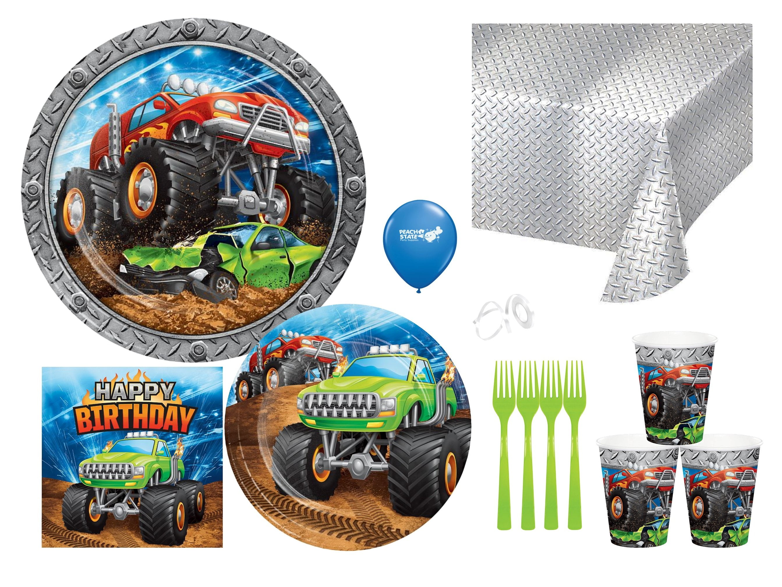 195 Pieces Monster Trucks Birthday Party Supplies,Includes Happy Birthday  Banner,Tablecloth,Plates,Paper Cups,Napkins,Knives,Forks Tableware Set