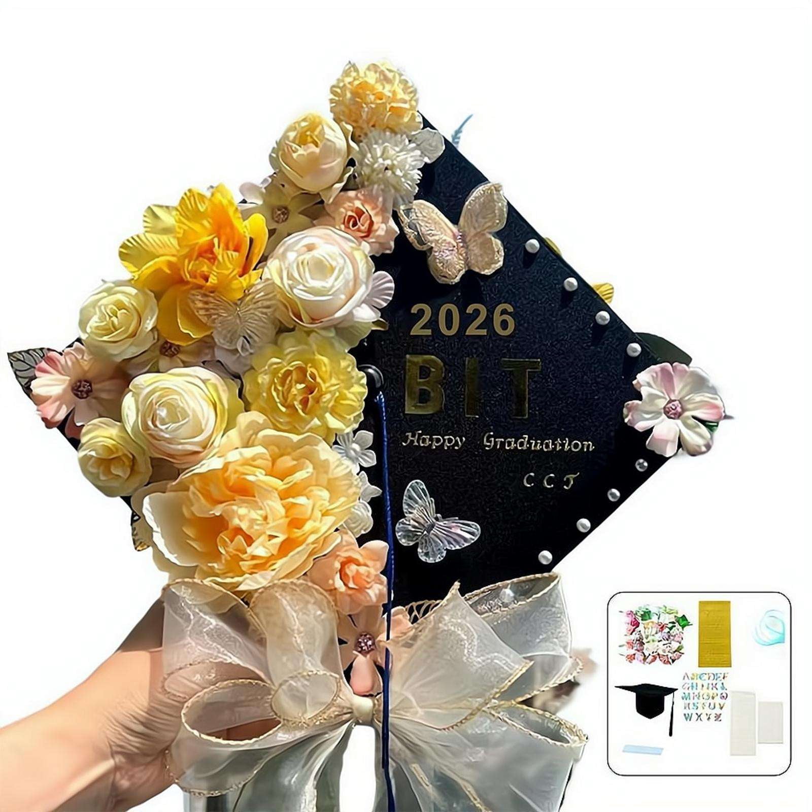 DIY Graduation Cap Decorations Accessory Kit, 3D Artificial Flowers, Butterfly & Alphabet Letter Stickers, Pearl Stickers, Bowknot for Grad Hats Decor