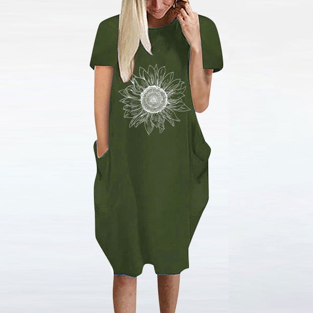 Robes pour Femmes Été 2024 Robe Décontractée Ample Imprimé Tournesol Manches Courtes Col en V 50 % de Réduction!