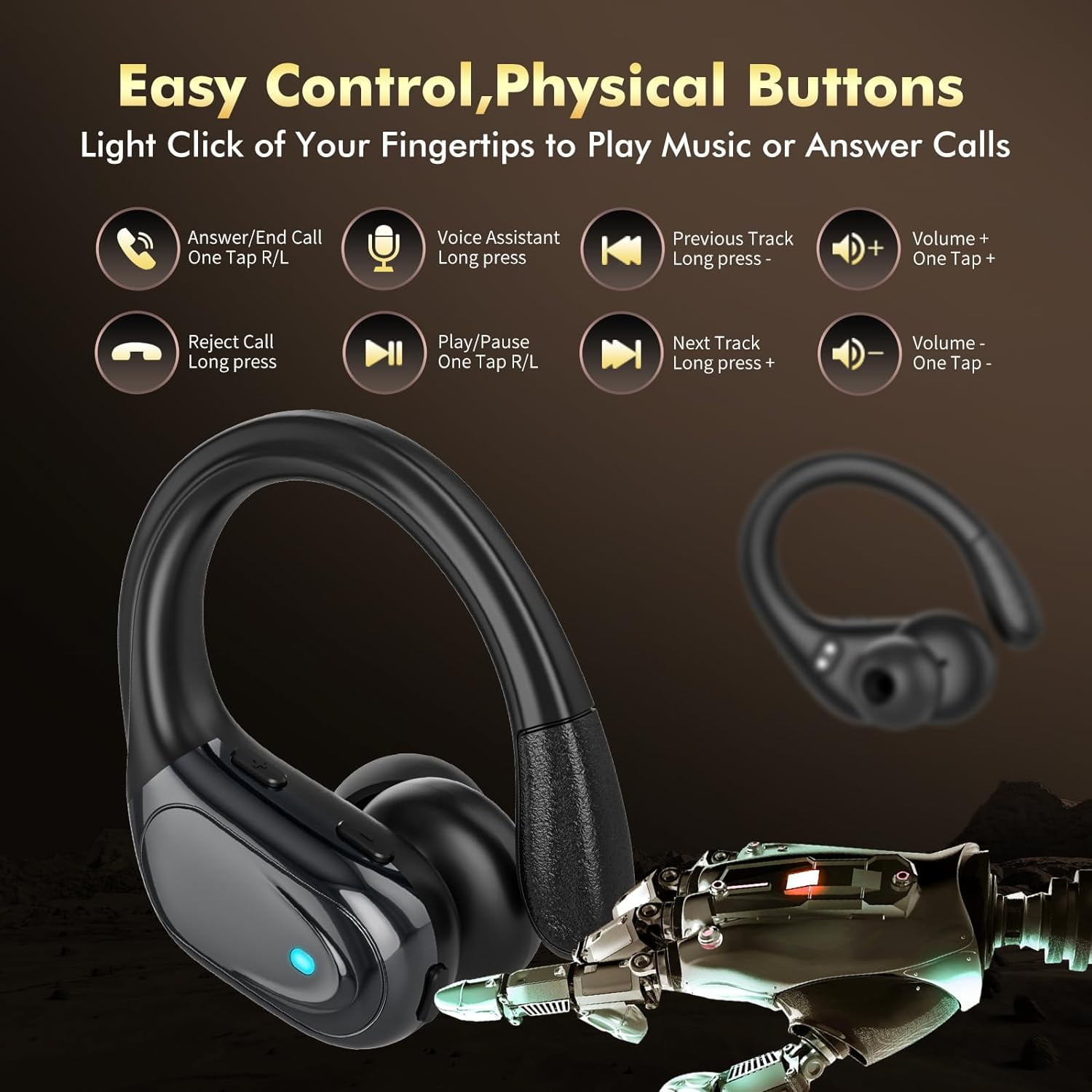 Wireless Earbuds Bluetooth Headphones 80H Playback Ear Buds Power Display with Noise Canceling Mic with Earhooks for Sports/Workout - Black