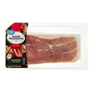 Great Value , Dry-Cured Pork,  Sliced Prosciutto, Serving Size 28 grams, 9 Grams of  Protein per Serving, 6 oz Plastic Tray,