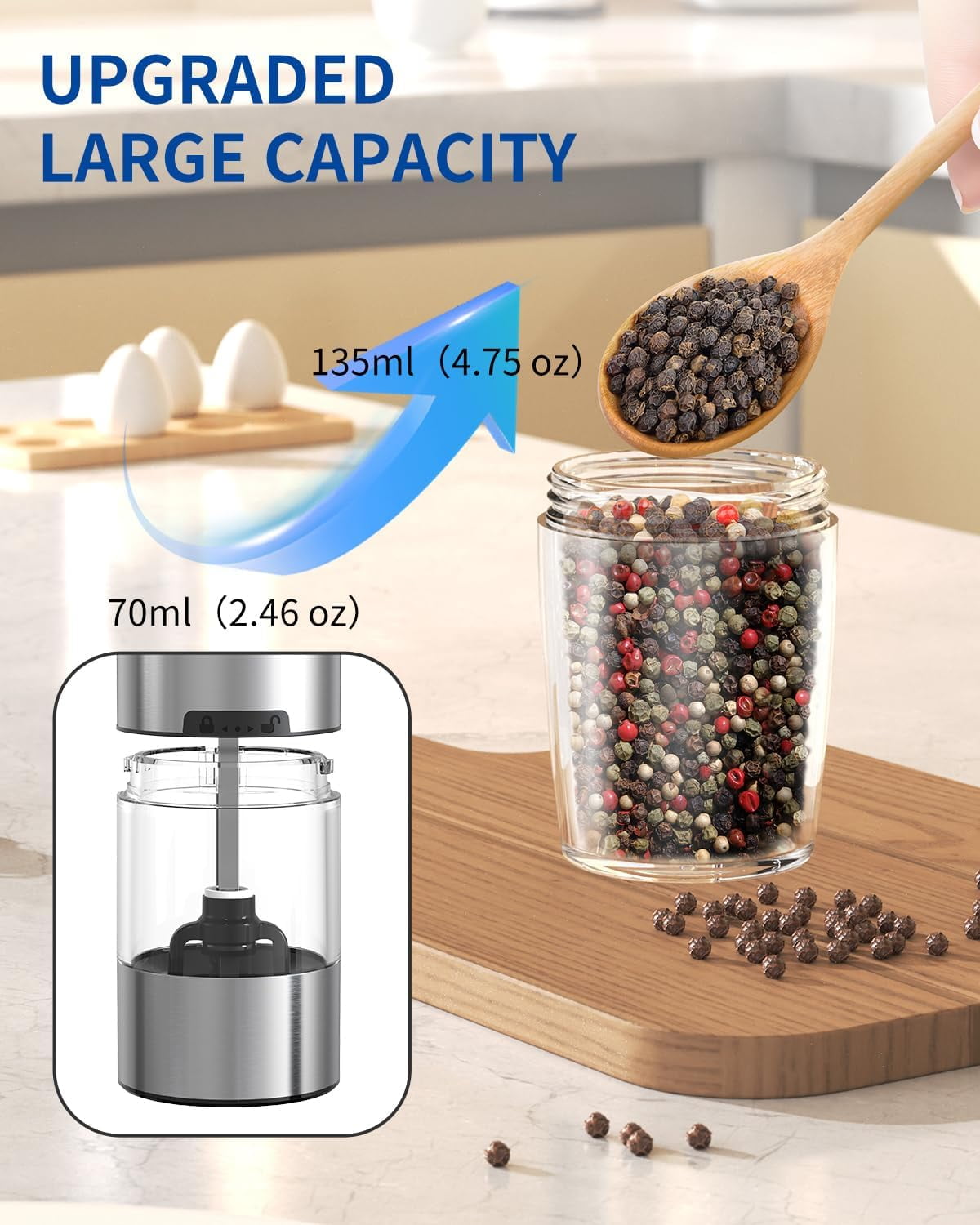 2Pcs Graviry Electric Salt and Pepper Grinder Set Automatic Salt and Pepper Grinder Set with LED Light, Battery Operated, Adjustable Coarseness, Large Capacity, for Home Kitchen BBQ