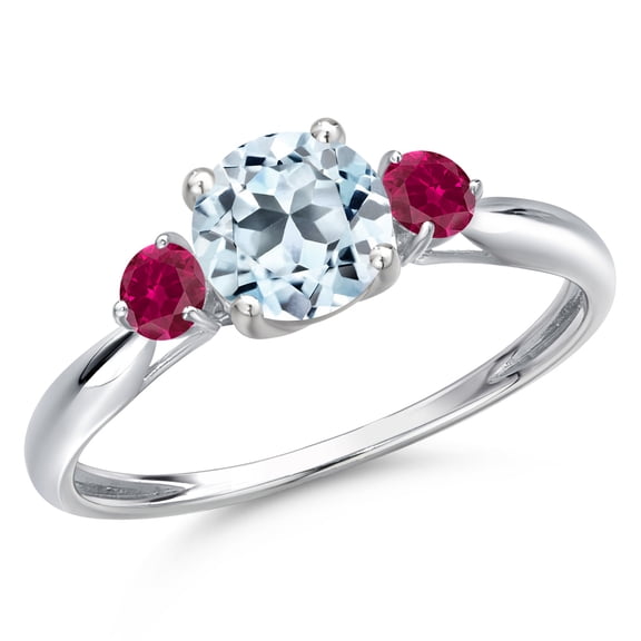 Gem Stone King 10K White Gold Sky Blue Topaz and Red Created Ruby 3-Stone Ring for Women | 1.28 Cttw | Round 6MM | Gemstone November Birthstone | Size 7