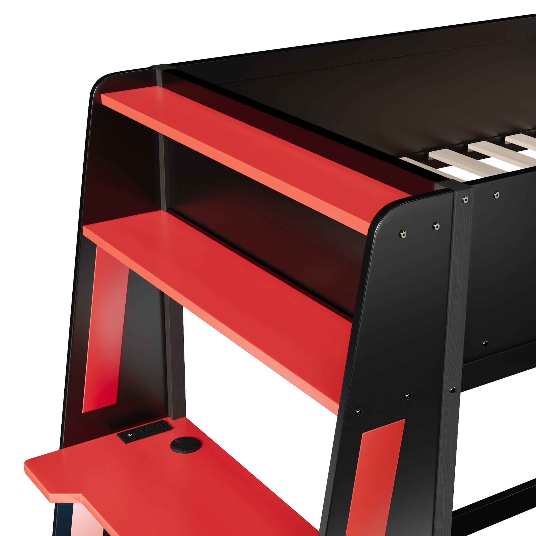 Noble House Nira Twin Gaming Bunk Bed with Desk and LED Lights, Wood Loft Bed with Charging Ports, Black and Red