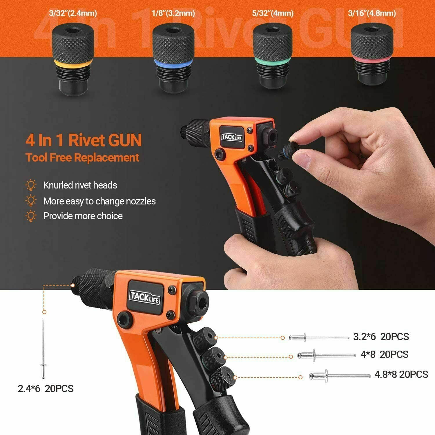 DuraTech 4-in-1 Rivet Gun Pop Rivet Tool Kit with 100 Rivets - 3/32' 1/8' 5/32' 3/16' Heavy Duty Hand Riveter with 4 Interchangeable Nosepieces for Me