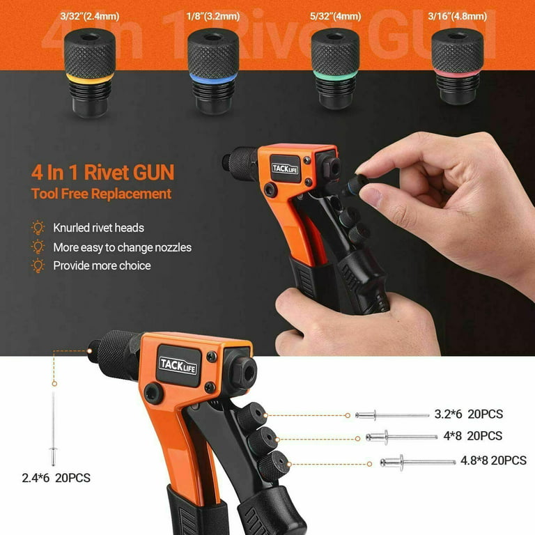 TACKLIFE Rivet Gun Kit with 80 Pcs Rivets, 4 In 1 Hand Riveter, 4 Tool-Free  Interchangeable Heads - HHR3A 