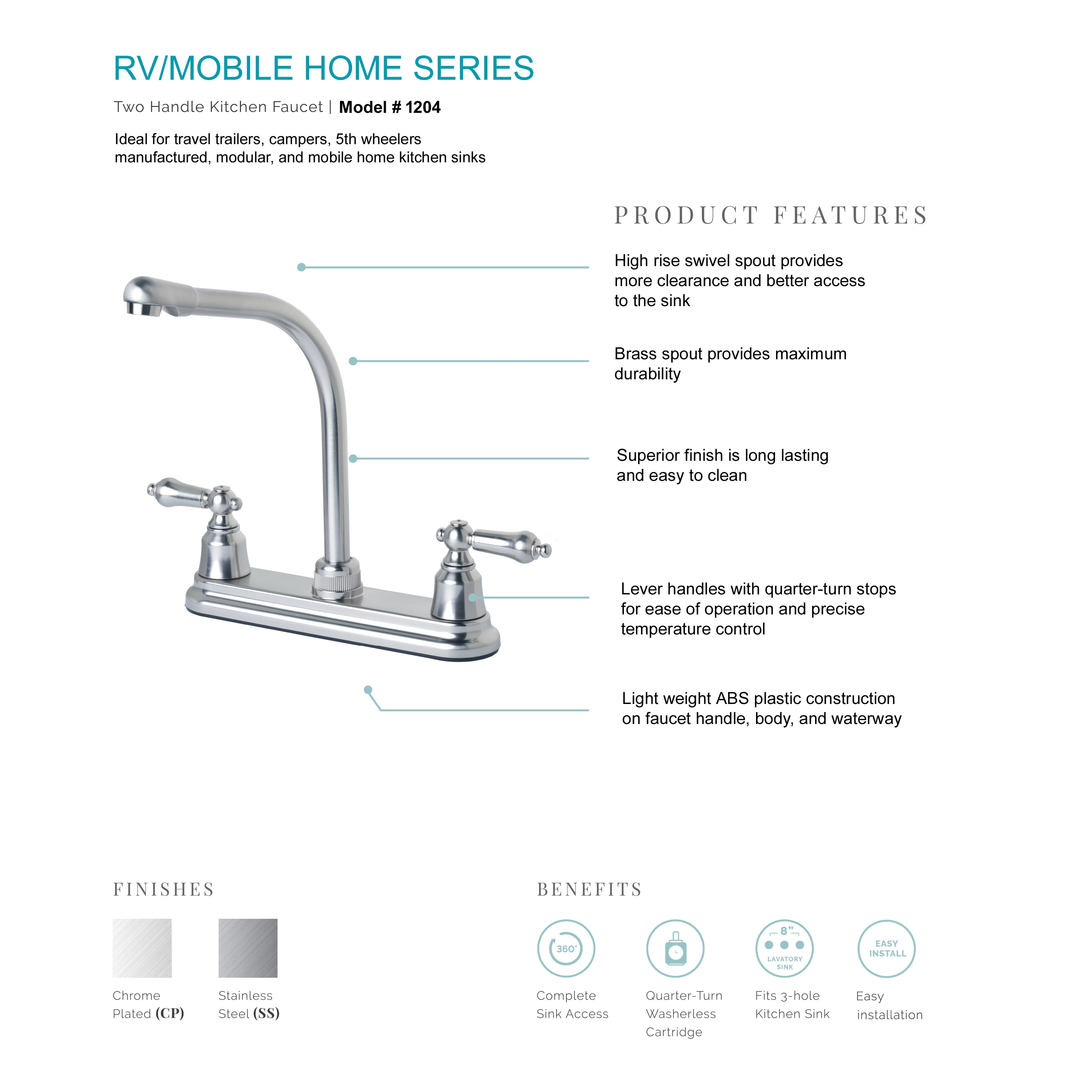 RV/Mobile Home Single Handle High Hise Kitchen Faucet Chrome Finish