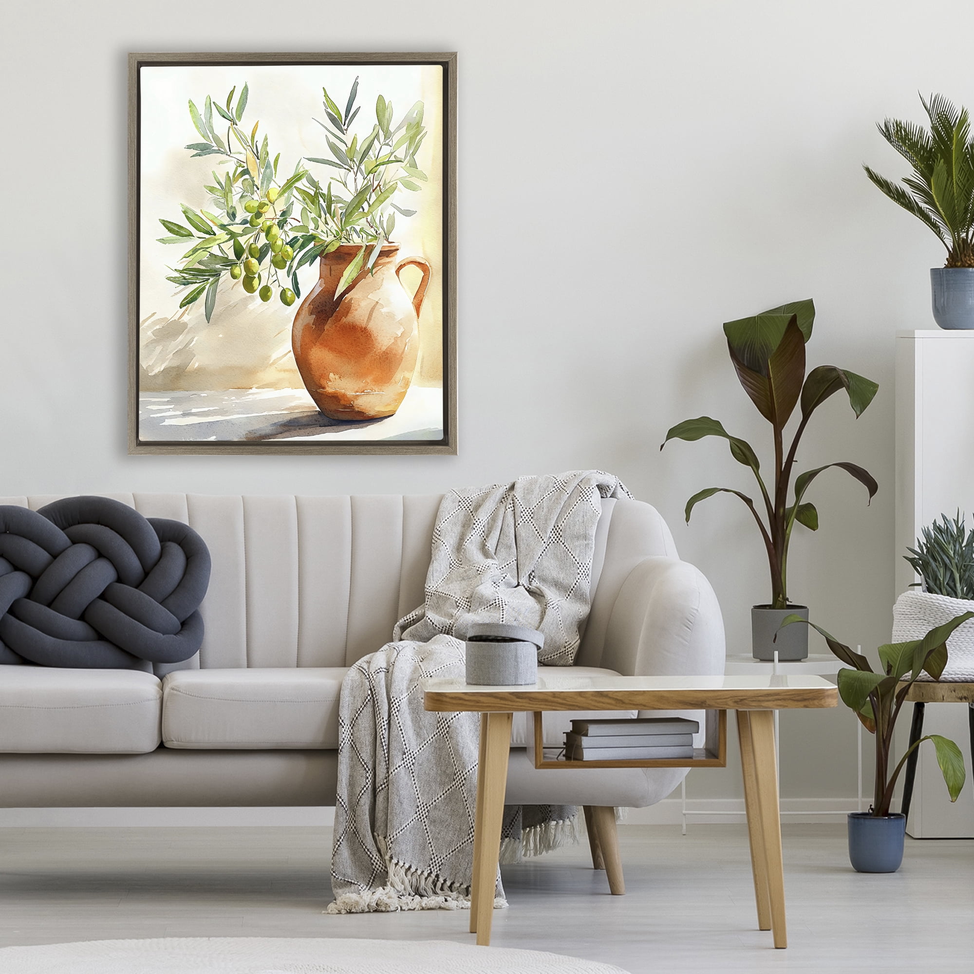 Stupell Industries Olive Branch in Terracotta Vase Brown Framed Floater Canvas Wall Art, design by LSR Design Studio