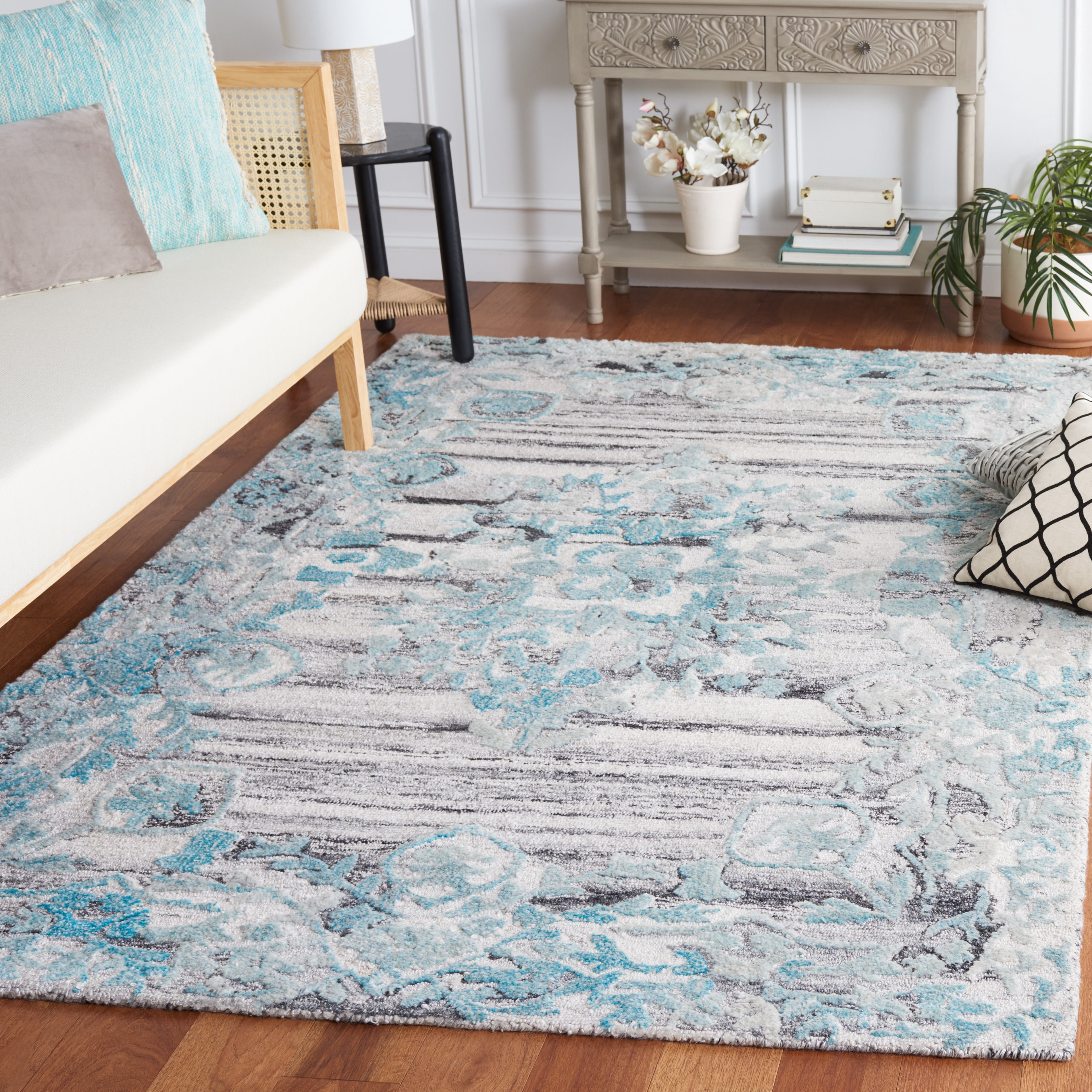 SAFAVIEH Marquee Madilyn Abstract Polyester Area Rug, Grey/Teal, 4' x 6'