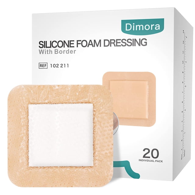 Apósito para heridas Dimora, espuma de silicona de 4 x 4 cm con borde, paquete de 20