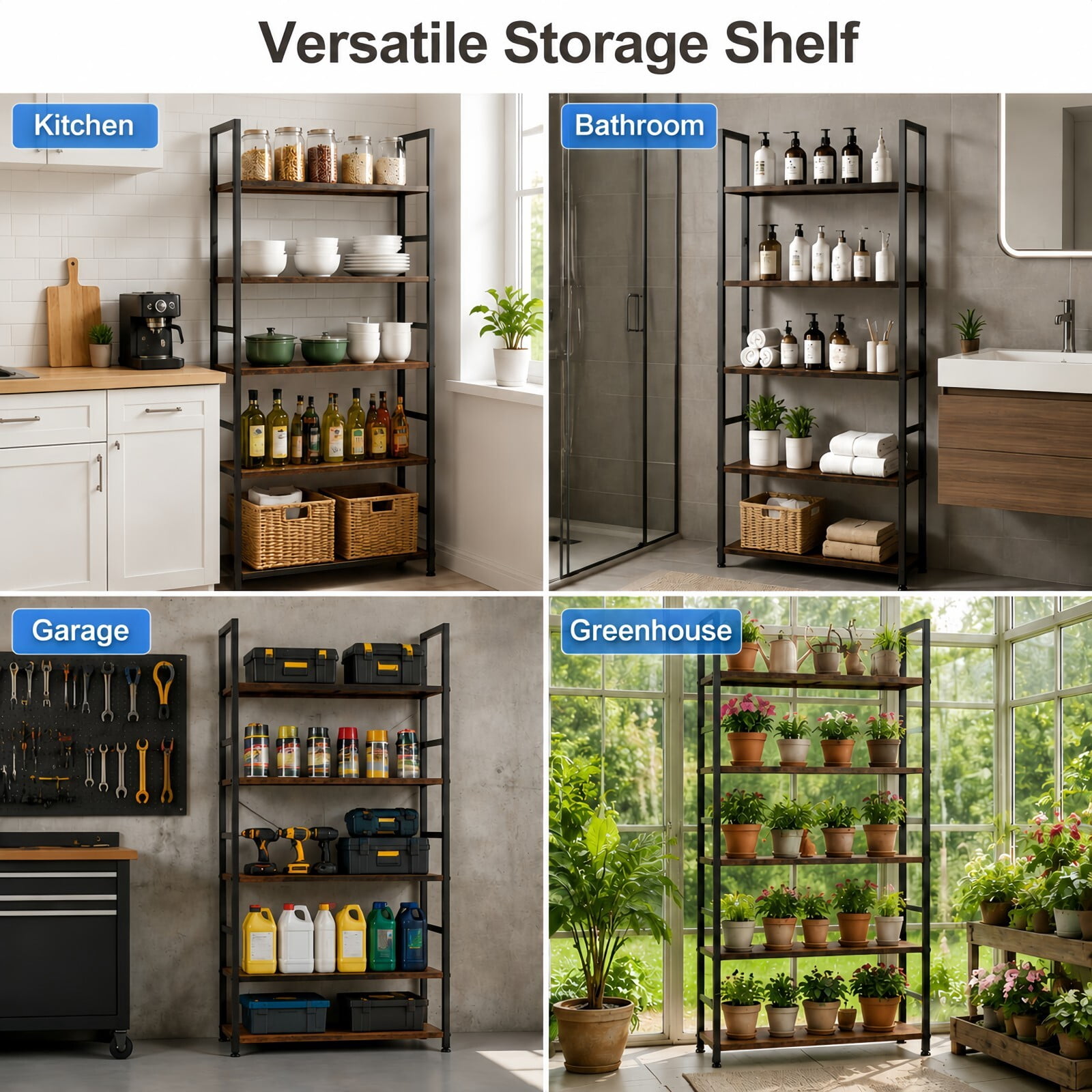 Kelno 5-Tier Bookshelf 62"x24" Industrial Storage Shelf Free Standing Bookcase Metal Frame Bookcase with Open Storage Shelves,Rustic Brown