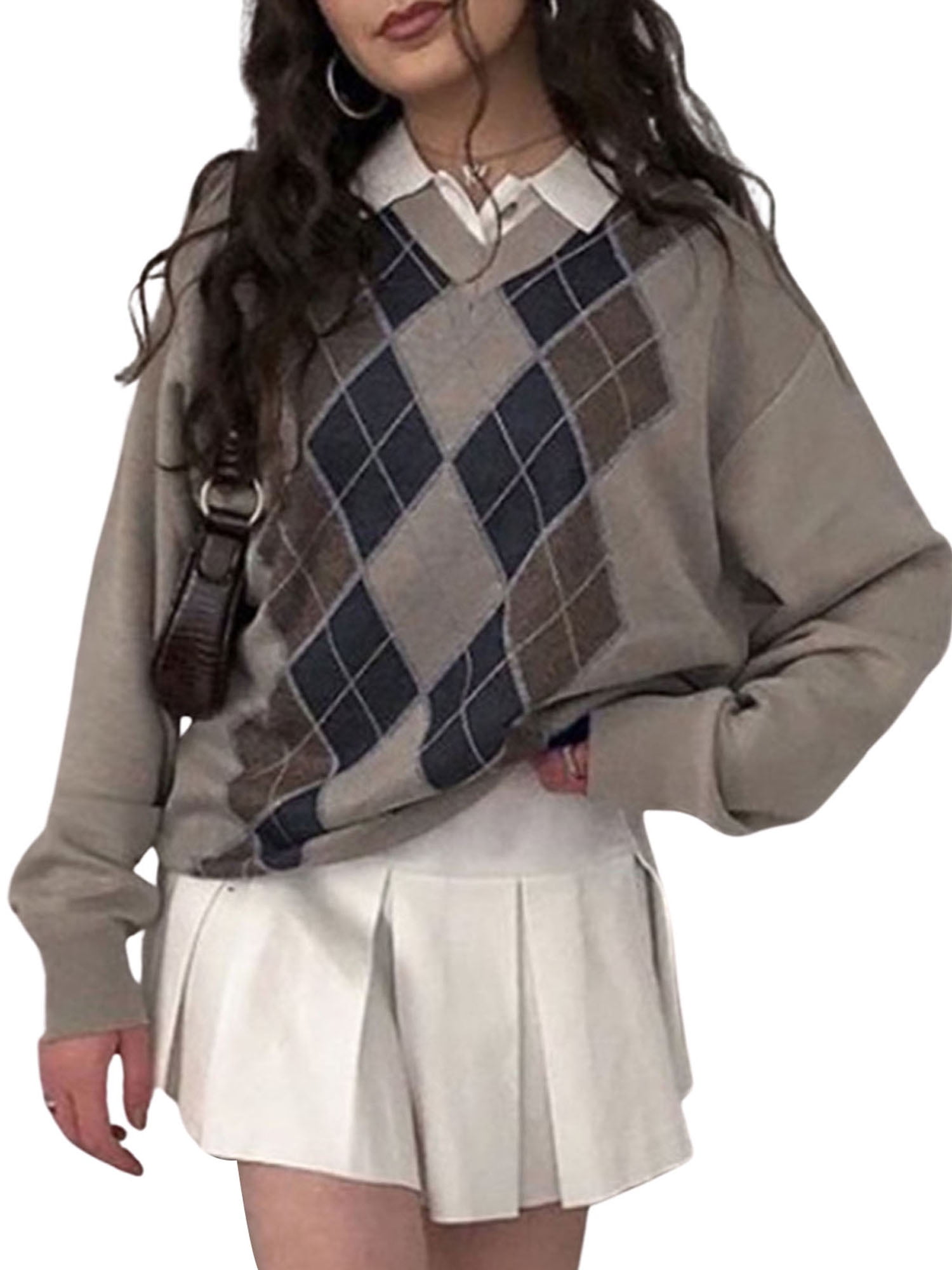 Women 's Argyle Knitted Plaid Sweater Vintage Preppy Style Long Sleeve V-Neck Button Cardigan E-Girls 90s