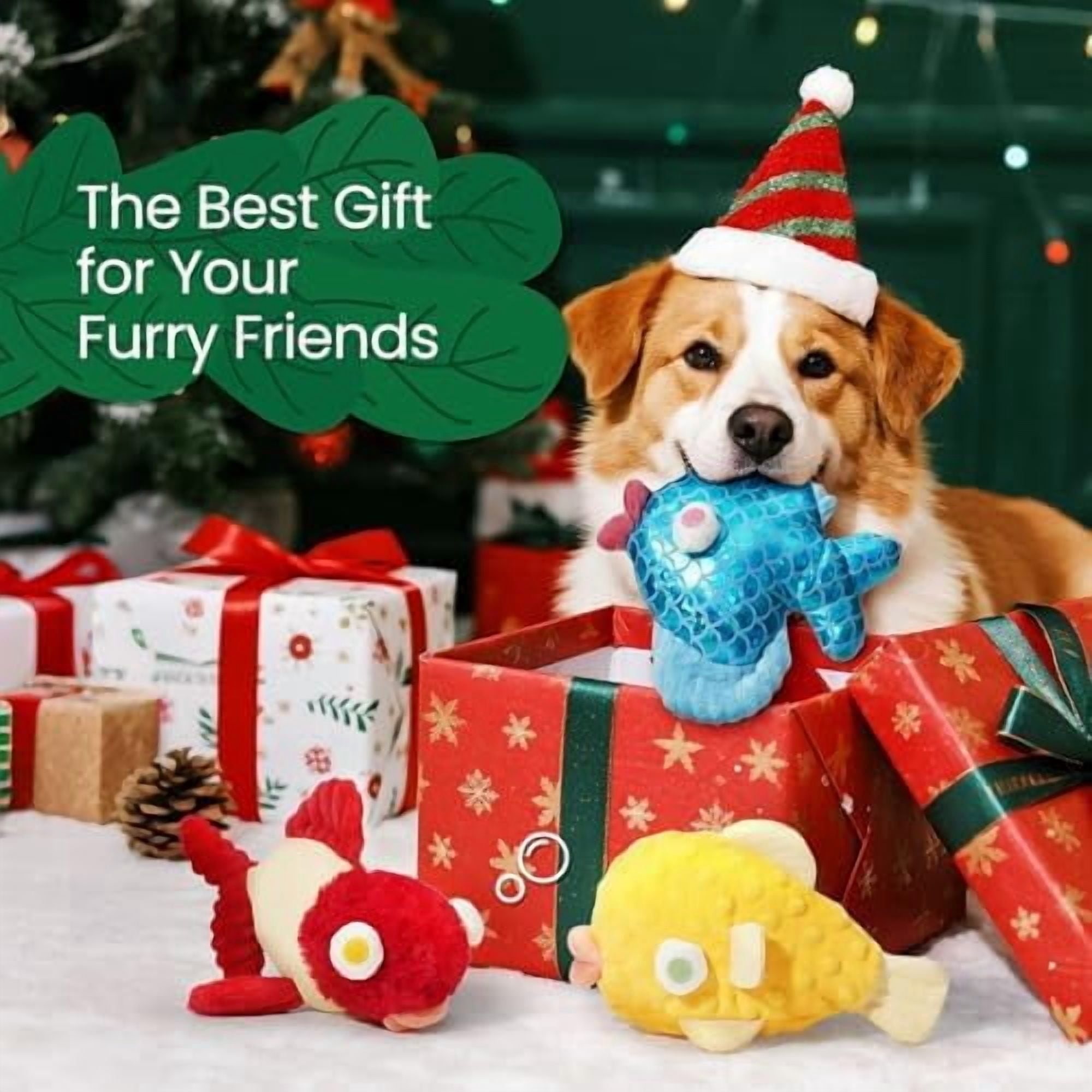 Tough Dog Toys, Squeaky Dog Toys to Keep Dogs Busy with Two Resistant Layer & Crinkle Sound, Googly Eyed Fish Gang Puppy Teething Toys for Small, Medium, Large Breeds