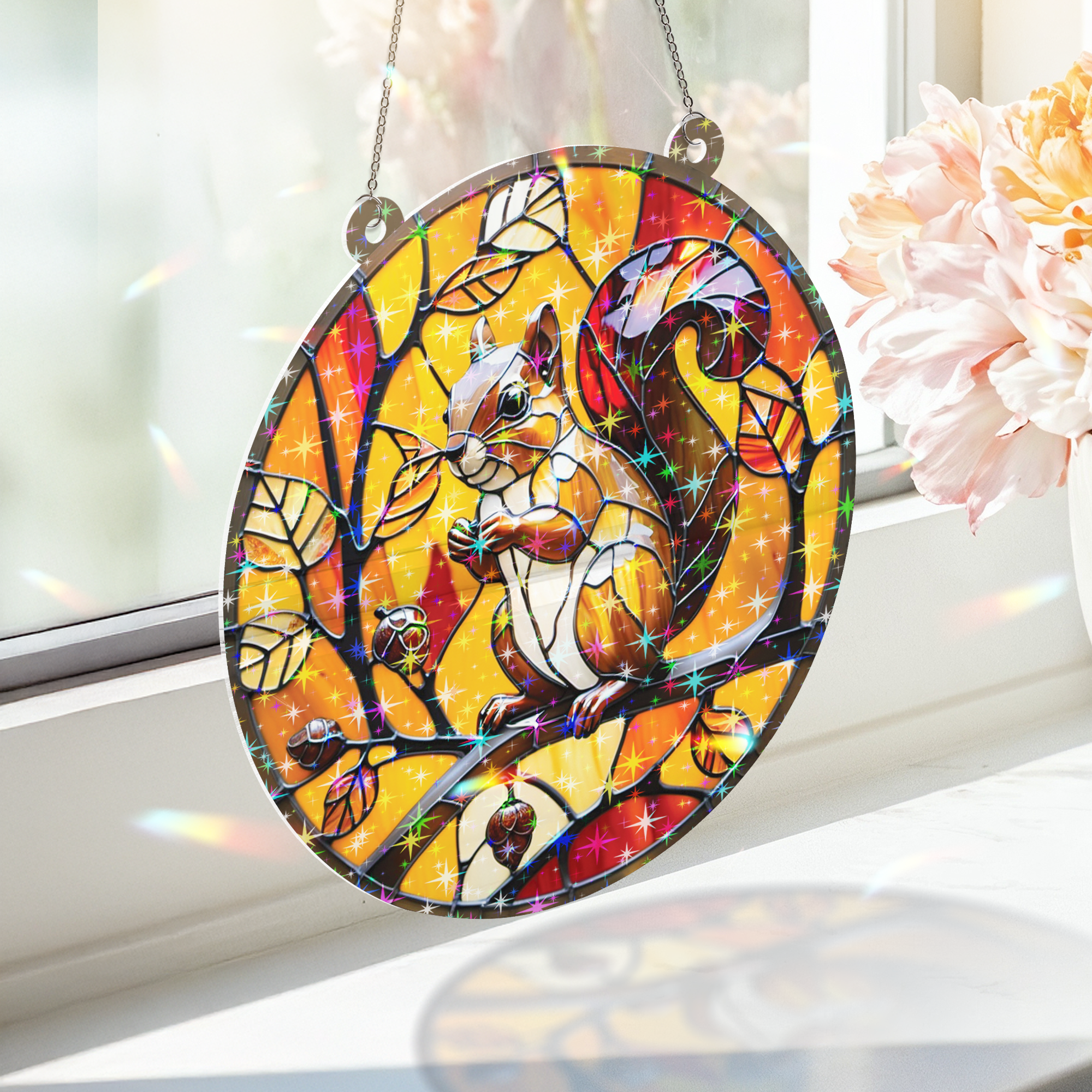 89Bloom Squirrel Stained Glass Hologram Ornament, Stained Glass Suncatcher Ornaments Home Decor, Holographic Ornaments
