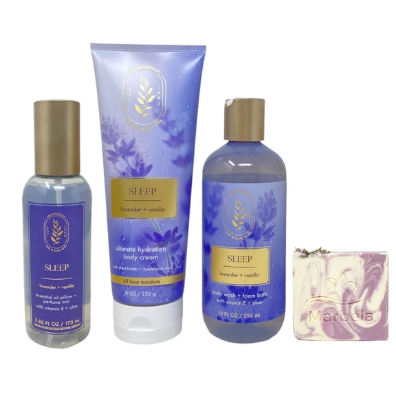 Bath & Body Works Aromatherapy Sleep Lavender Vanilla Ultimate Hydration Body Cream, Essential Oil Pillow Perfume Mist and Body Wash Foam Bath with a Lavender Dream Bar Soap
