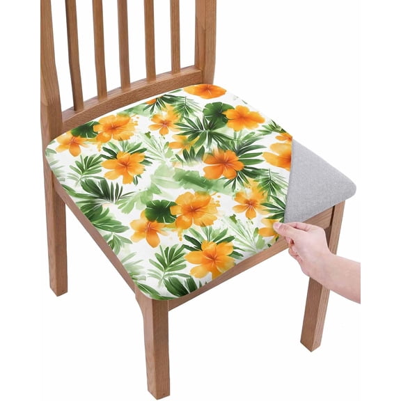 Dining Room Chair Seat Covers Set of 4 Hawaiian Hibiscus Flower Tropical Leaves Removable Stretch Chair Seat Cushion Slipcovers Protector for Holiday Party Festival Decoration, Summer Orange Green