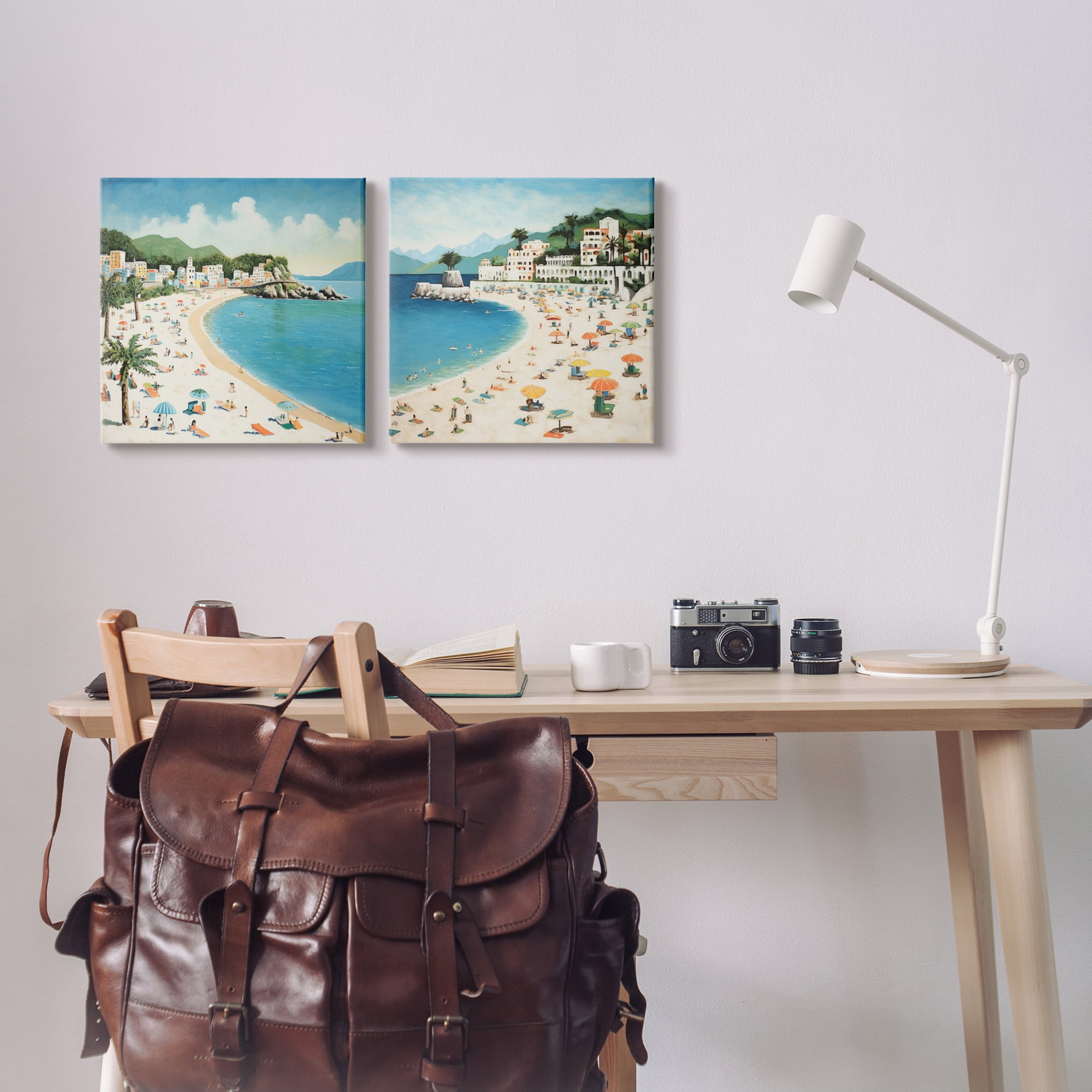 Stupell Industries Beach Goers on Curved Shore Landscape Painting Gallery Wrapped Canvas Art Print Wall Art, 17 x 17, Set of 2