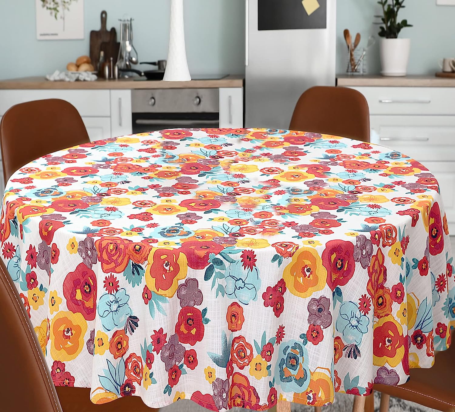 Ruvanti Table Cloth 70" Round 4-6 Seats, Quality 100% Cotton Round Tablecloth, Washable, Reusable Table Cloths, Multi Color Flower Design for Buffet Table, Parties, Holiday Dinner, Wedding & More