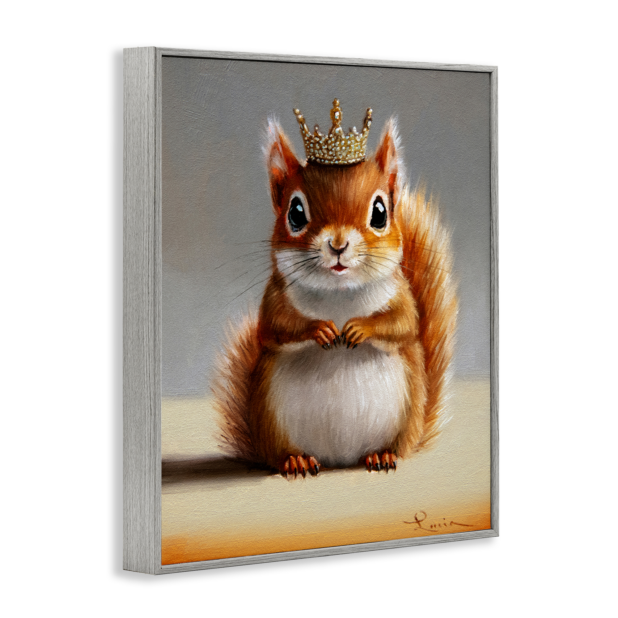 Fancy Crowned Squirrel Gray Framed Giclee Art, design by Lucia Heffernan
