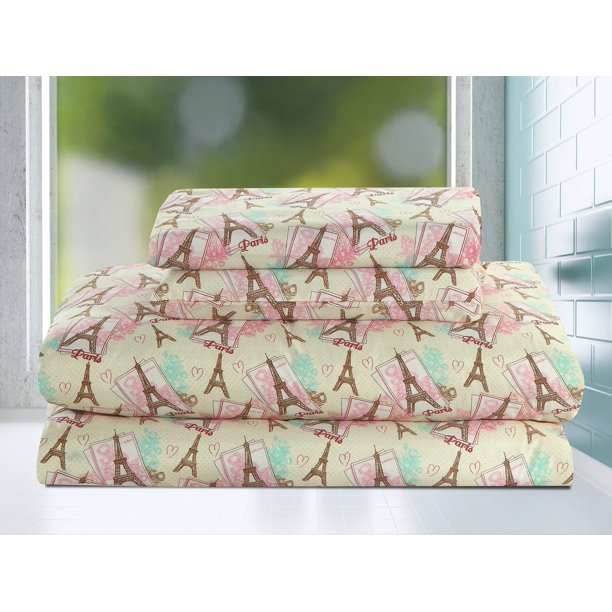 The feel is solid, cotton. paris eiffel tower queen size 4 piece sheet set microfiber kids teen girls pink teal