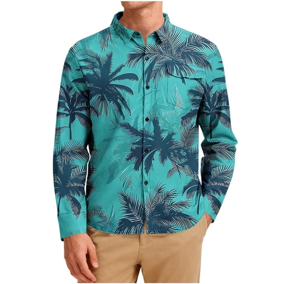 OHMZYZO Long Sleeve Button Down Shirts for Men Tropical Floral Print Hawaiian Shirt Casual Beach Vacation Blouse with Chest Pocket