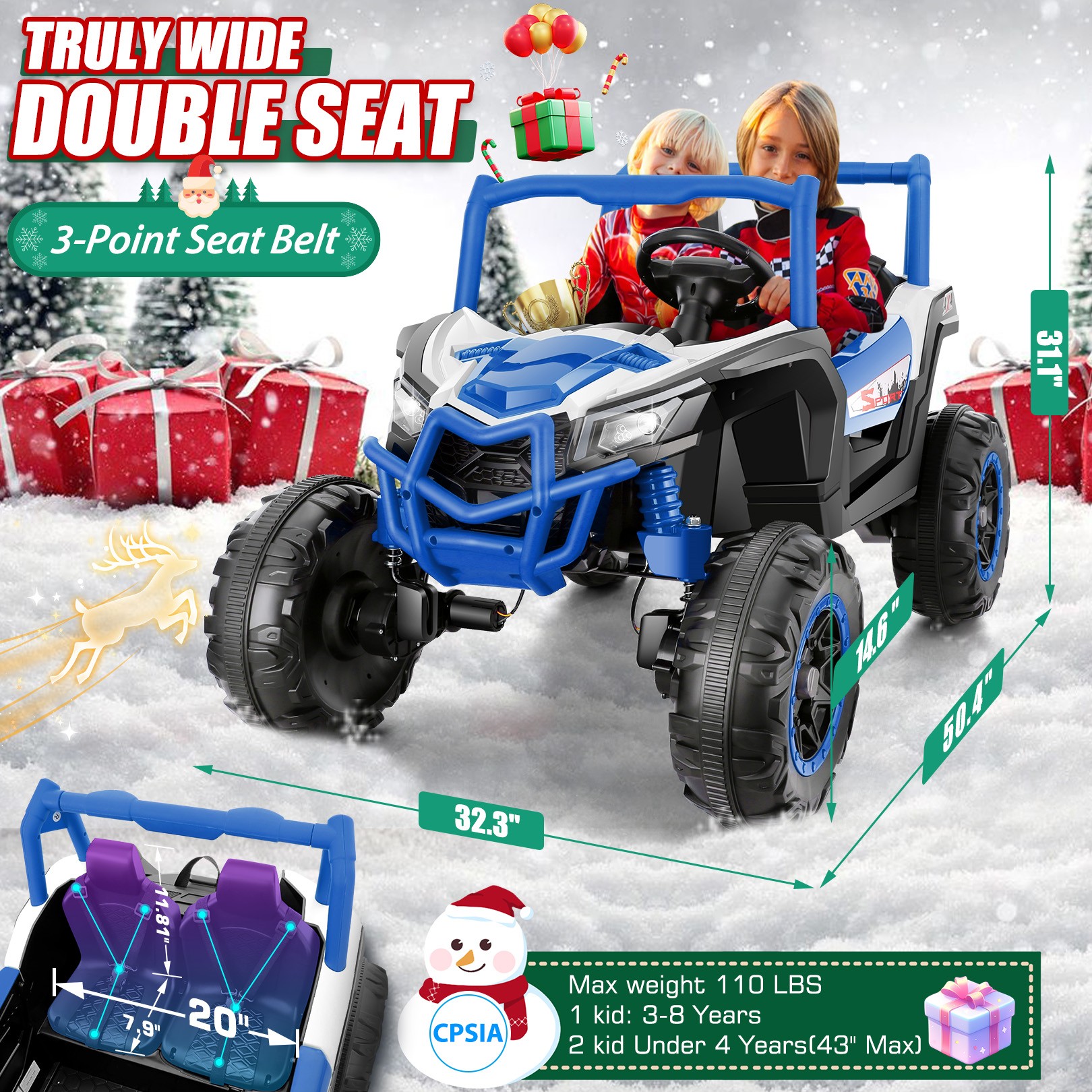 Farmdex 4WD 24V Ride on Toys 2 XL Seater Kids Ride on Cars w/ Remote Control, 4*200W Motor, Electric Off-Road UTV 7AH Battery Powered 4-Wheeler Vehicle w/ Bluetooth, Music, 3-Speed, LED Light, Blue