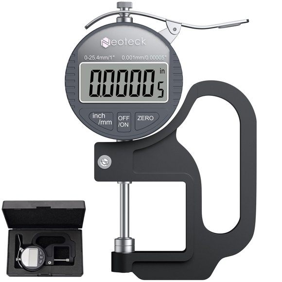 Neoteck Digital Thickness Gauge 1 inch/25.4mm, 0.00005"/ 0.001mm, Thickness Meter Precise Electronic Micrometer with LCD Display