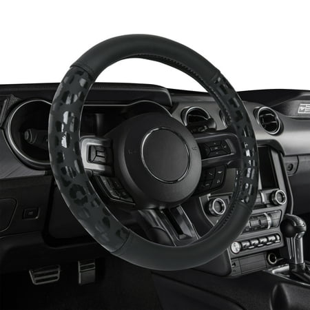 Auto Drive Black Leopard Faux Leather Steering Wheel Cover, Universal Fit for Sedans, SUVs, Set of 1
