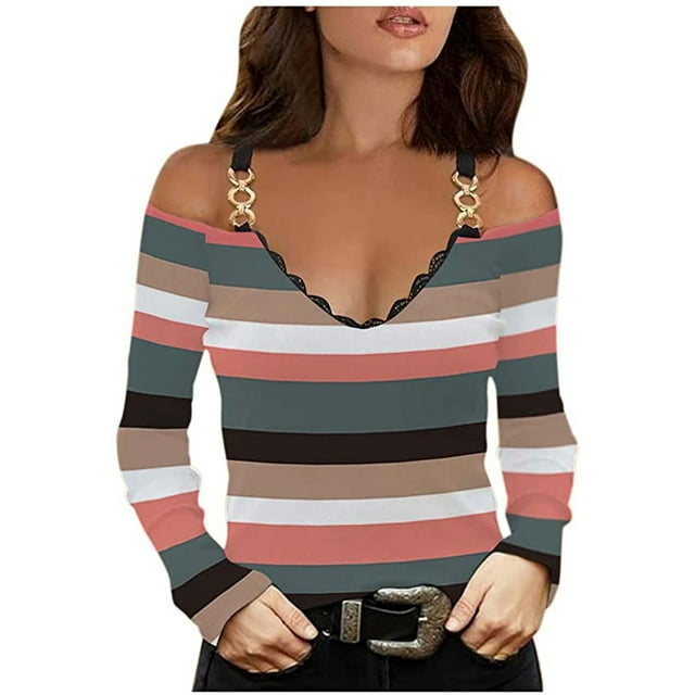 CEHVOM Woman V-Neck Long Sleeve T-Shirt Autumn Cold Shoulder Print Blouse Tops