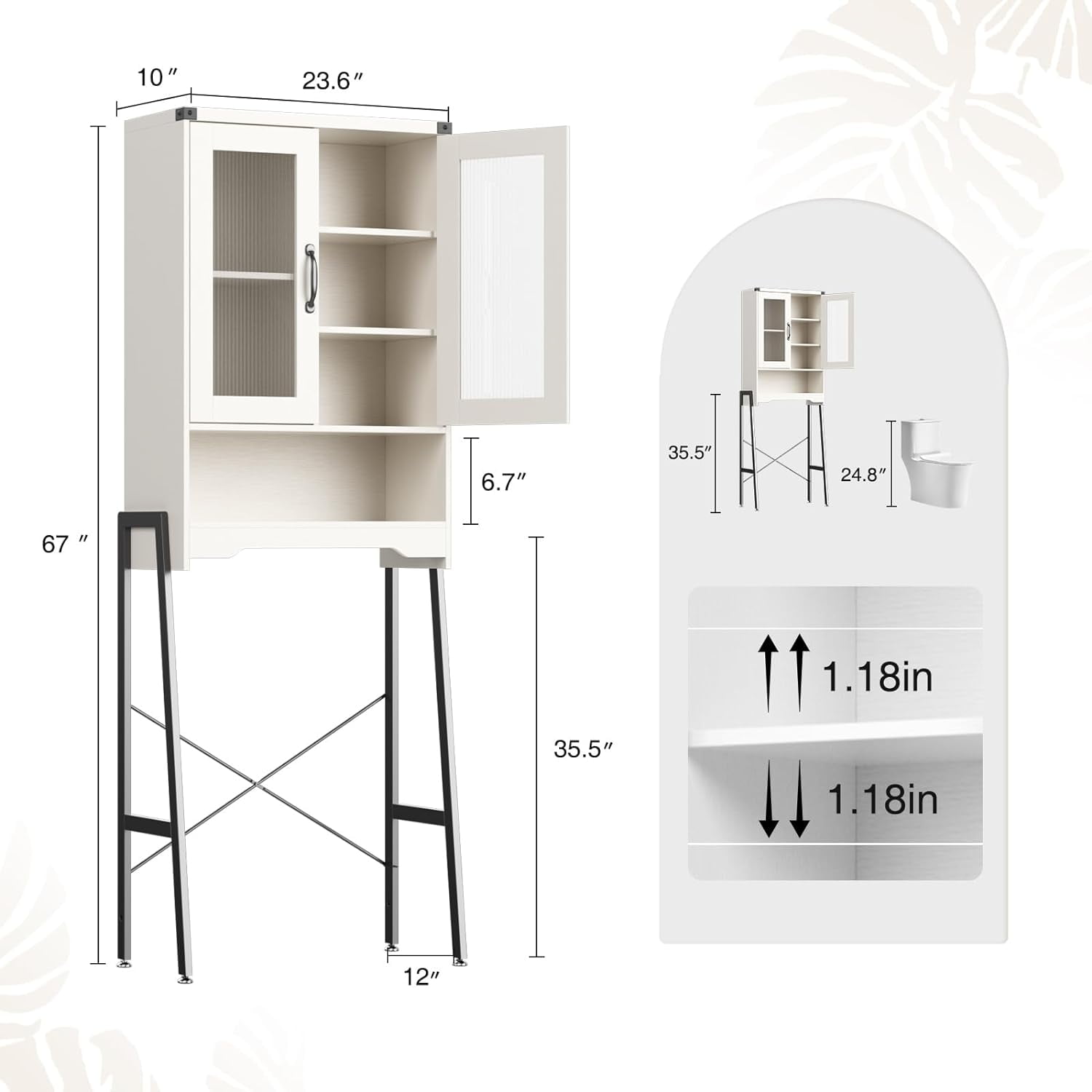 VEANERWOOD Over The Toilet Storage Cabinet with Tempered Glass Doors & Adjustable Shelf, Tall Freestanding Rack, White