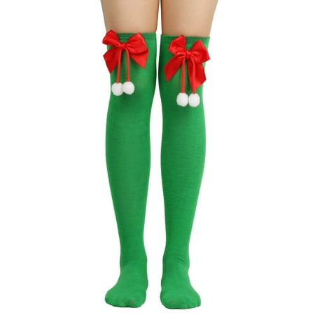 

Striped Stockings For Women Lingerie Christmas Green Red Bows Over The Knee