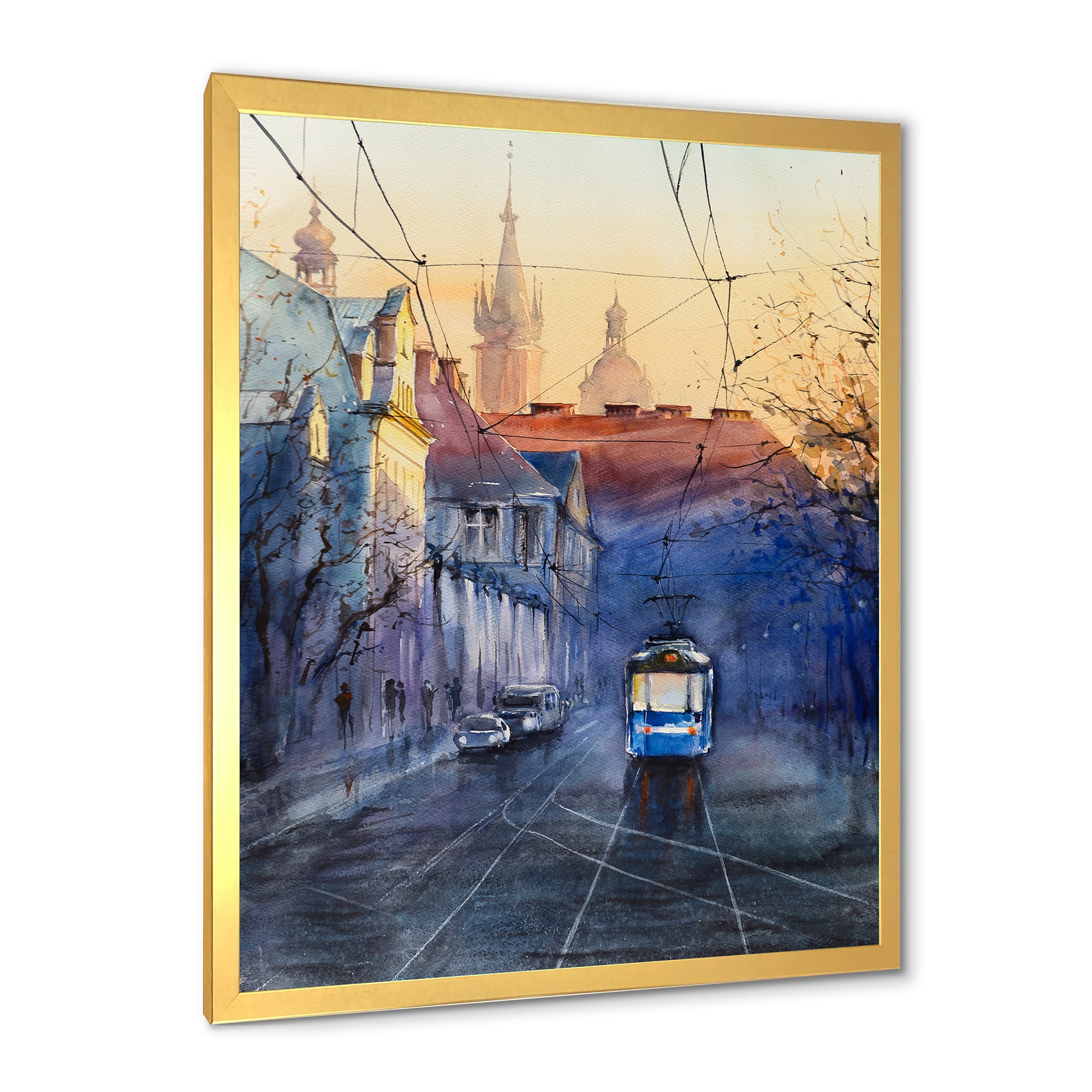 Blue Tram At Sunset With Church During Sunset Cityscape 24 in x 32 in Framed Painting Canvas Art Print, by Designart