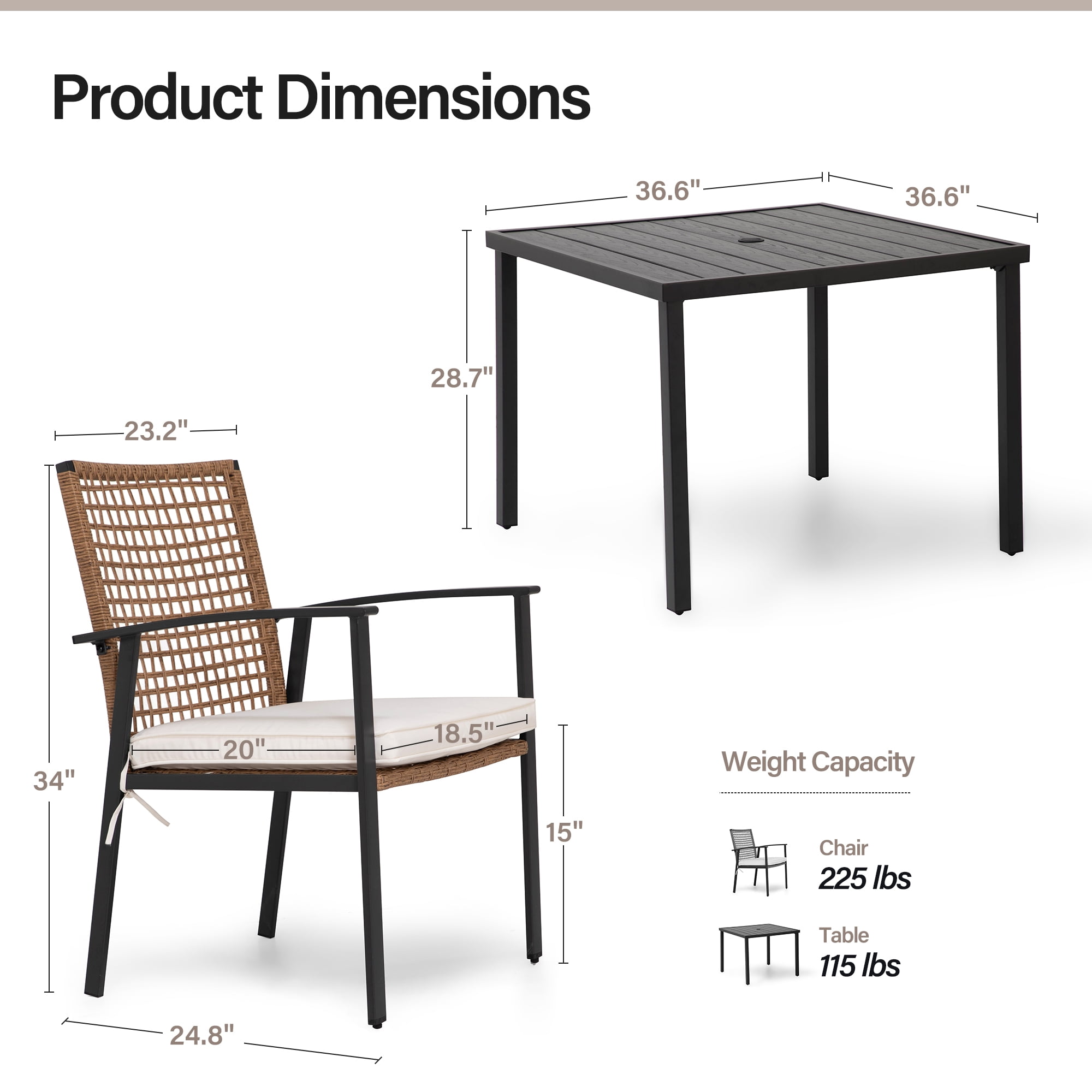 LAUSAINT HOME Patio Dining Set, 5-Piece Outdoor Wicker Furniture with Black Square Table and 4 Brown Wicker Chairs