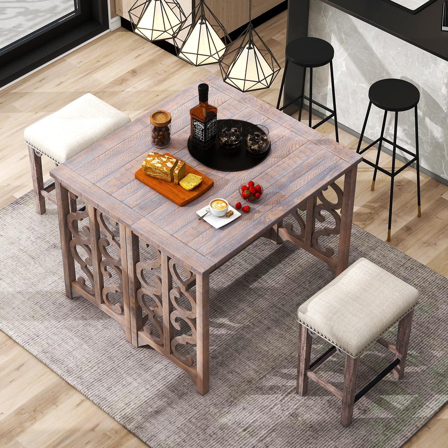 Kadyn 3-Piece Retro Dining Set, Foldable Table and 2 Saddle Stools Set, Solid Wood Counter Height Pub Set for Kitchen, Distressed Brown Kadyn 3-Piece Retro Dining Set, Foldable Table and 2 Saddle Stools Set, Solid Wood Counter Height Pub Set for Kitchen, Distressed Brown