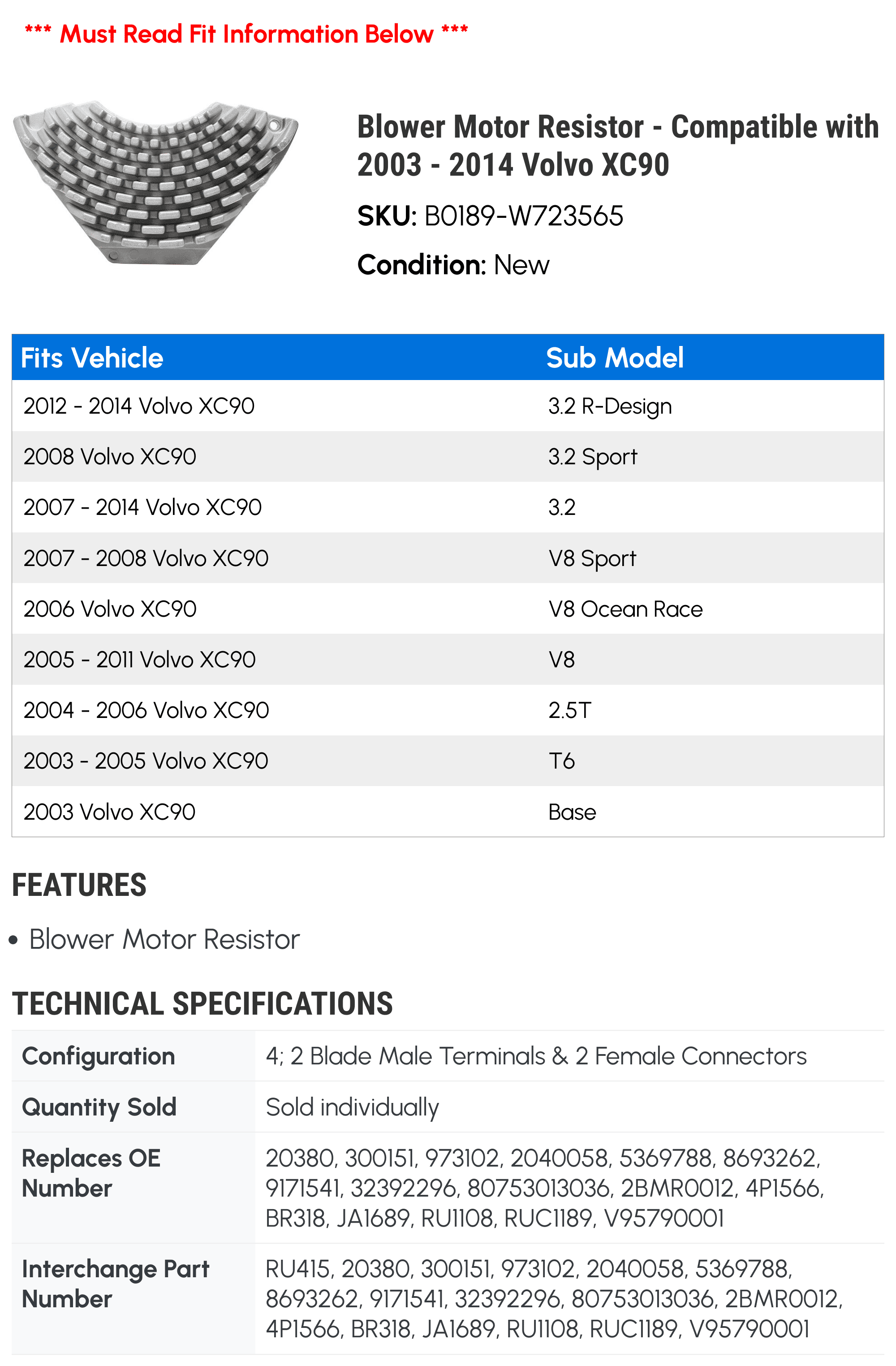 Blower Motor Resistor - Compatible with 2003 - 2014 Volvo XC90 - JC Whitney