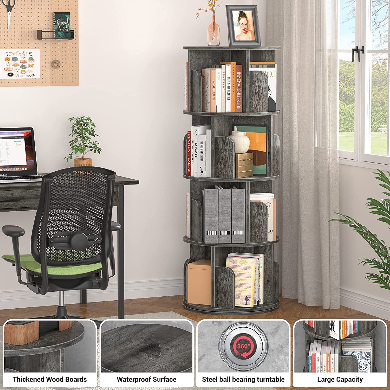 Homieasy Rotating Bookshelf, 360 Display Corner Bookshelf for Small Space, 4 Tier Floor Standing Bookcase Storage Rack, Wood Narrow Book Shelf Organizer for Bedroom, Living Room, Study Room, Grey Oak