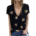 thumbnail image 2 of Camiseta informal de mujer de manga corta con ribete de encaje, color negro, talla L, cuello en V y diseño de noche estrellada, 2 of 5