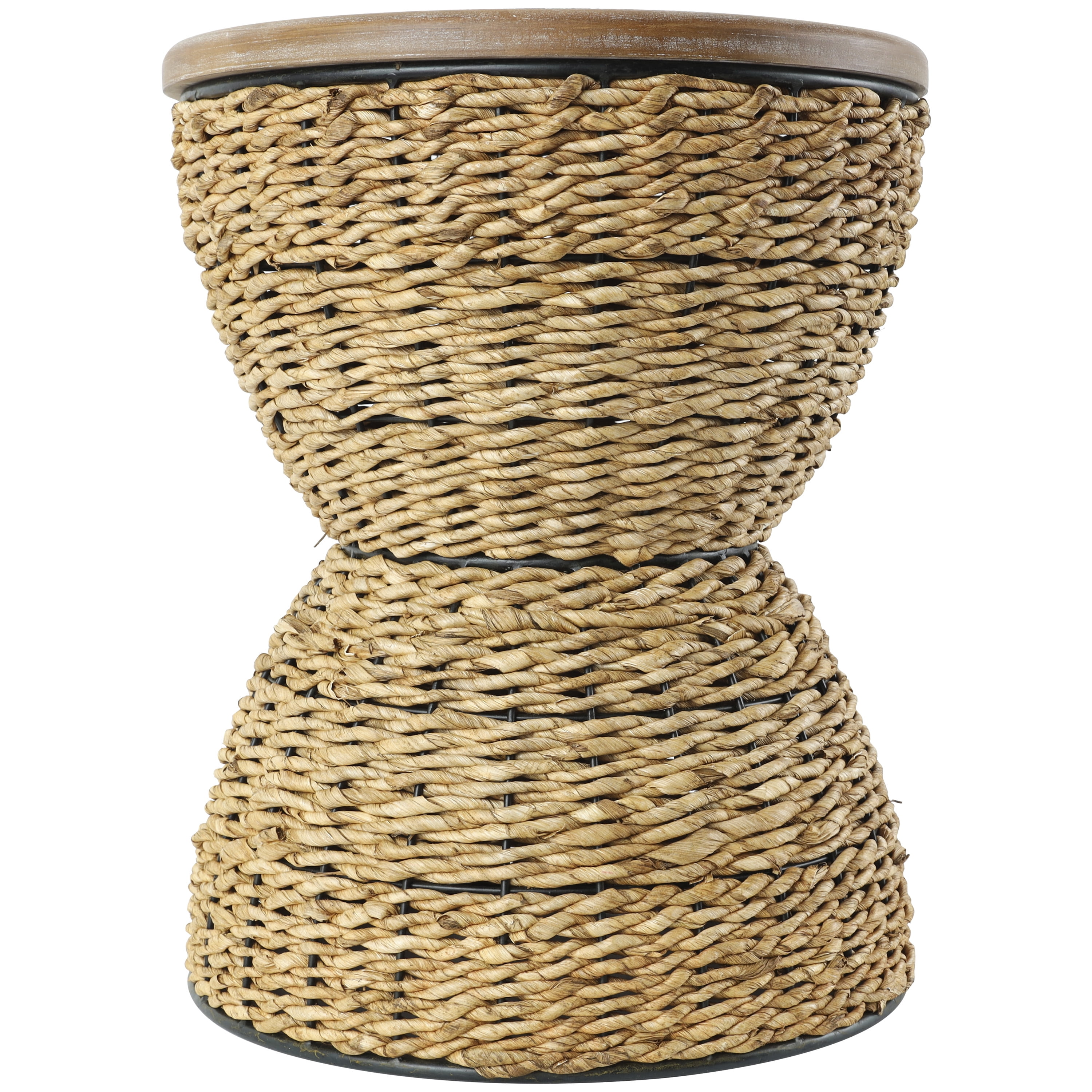DecMode Rattan Handmade Woven Stool with Wood Tabletop and Black Frame, Brown