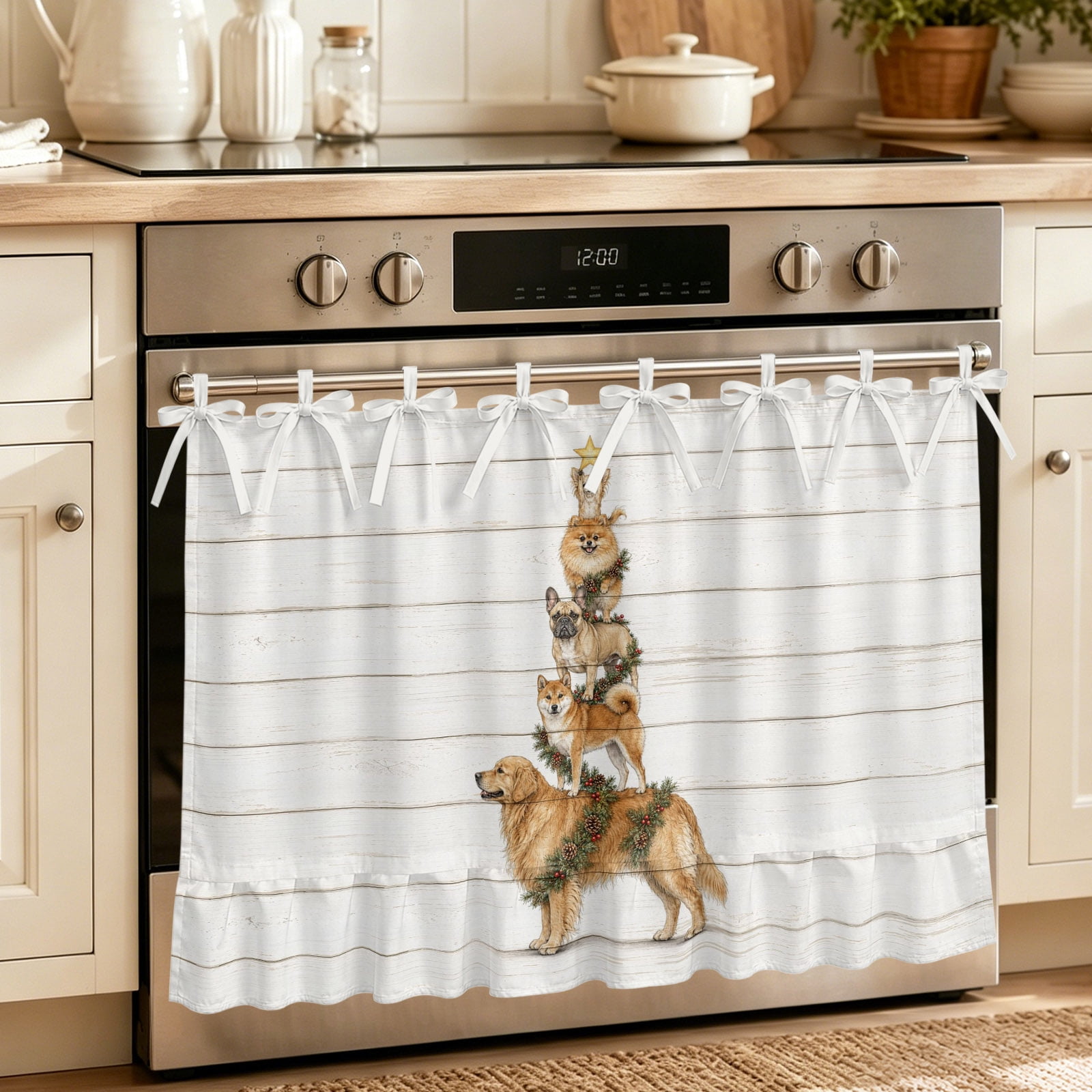 Oven Curtain for Kitchen Merry Christmas Dogs Berry Star Stove Curtain With Ruffled Trim Dishwasher Curtains Pine Needle Wooden Oven Skirt 30 x21.5